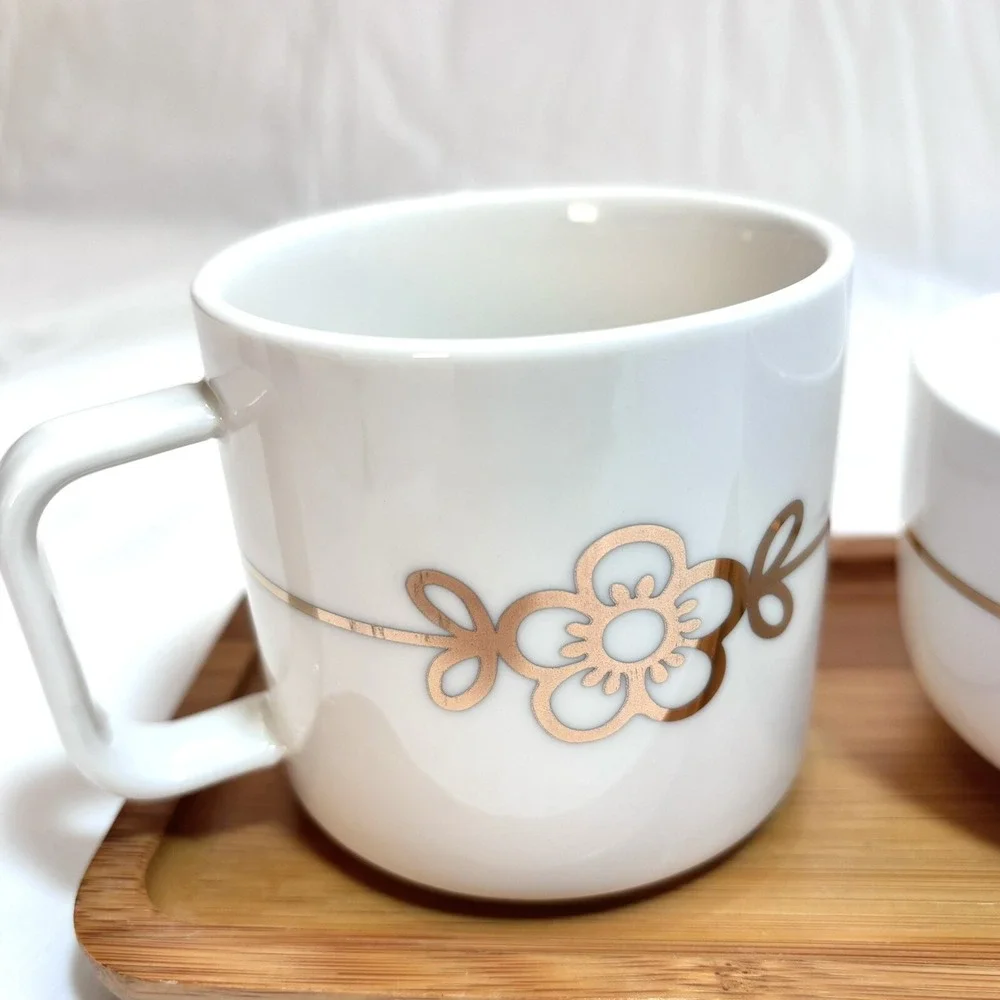 Thun Porcelain Mug/Cup Bowl Wood Tray Orianne Gold Breakfast 3 Piece Set White